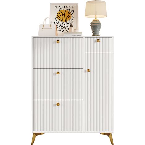 CHICFURN Scarpiera stretta 90x25x121 cm bianca, 3 ante a ribalta, cassetto e anta laterale (1/5)