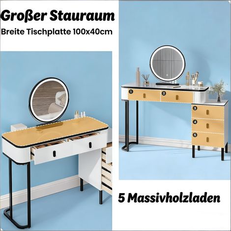 Bureau élégant avec coiffeuse et tabouret, table de maquillage à tiroir, meuble de travail raffiné pour salon ou chambre, ensemble complet (bureau + coiffeuse + siège) (1/5)