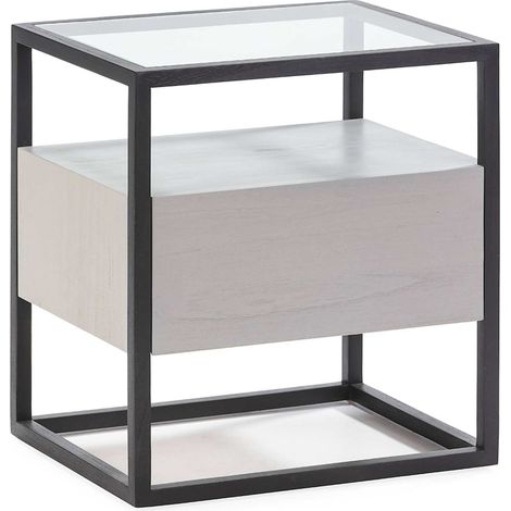 Table de chevet verre et bois noir naturel patine grise design - Noir patine grise bois clair (1/4)