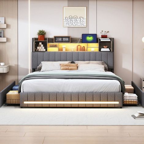 Cama Doble 160x200 - Cofre con Cajones - LED RGB - Tejido de Lino Gris - Diseño Moderno