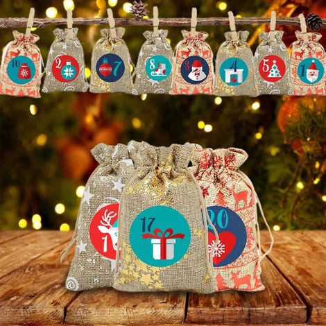 Calendrier de l'Avent de Noël - Coffret de 24 sacs cadeaux - Kit d'emballage pour les fêtes de fin d'année (1/4)