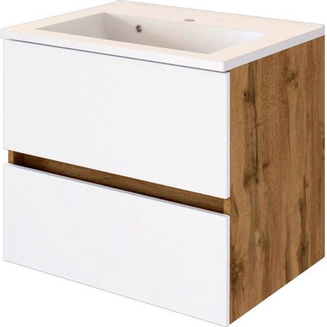 Badezimmer Waschtisch 60 cm inkl. Waschbecken LOUROSA-03 in Wotaneiche Nb. mit matt weiß, B/H/T: ca. 60/56/47 cm (1/5)