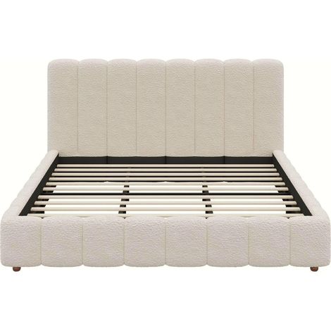 Cama doble tapizada 180x200 cm de bouclé blanco con somier de láminas MODENUIT (1/5)