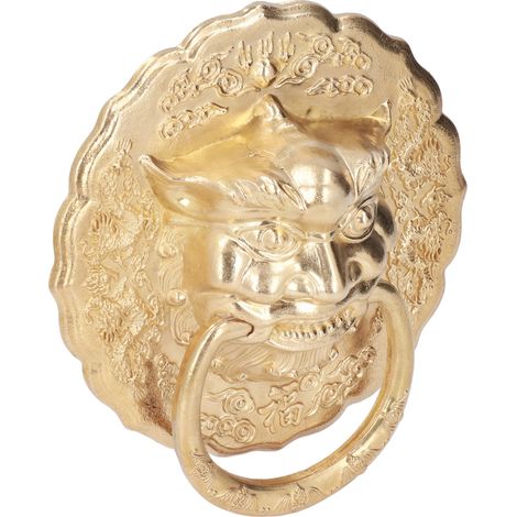 Paar chinesischer Türgriffe in Form von Tierköpfen, antike Messing-Zugringe für zweiflügelige Holztüren, goldbronzefarbene Oberfläche, verpackt mit Luftpolsterfolie. (1/5)