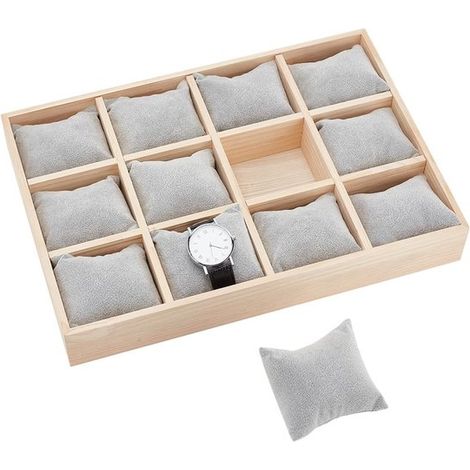 Uhrenbox aus Holz mit 12 Fächern, stapelbar, mit herausnehmbaren Samtkissen, grau (1/5)