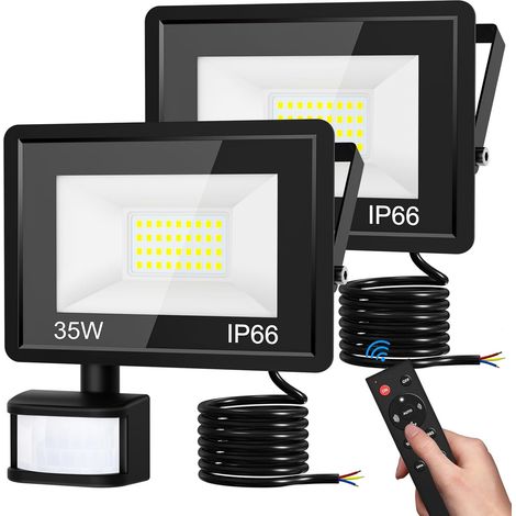 35W Projecteur LED Extérieur avec Détecteur, 6500K Blanc Froid Spot de Mouvement avec Télécommande, IP66 Étanche Eclairage Exterieur Lumiere pour Jardin Garage Backyard, 2paquet (1/5)