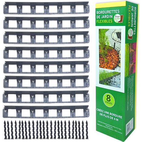 Terre Jardin – Bordure de jardin flexible en plastique recyclé – Lot de 8 bordurettes 54,7 cm – Résistantes aux intempéries – 24 piquets d'ancrage inclus (1/5)