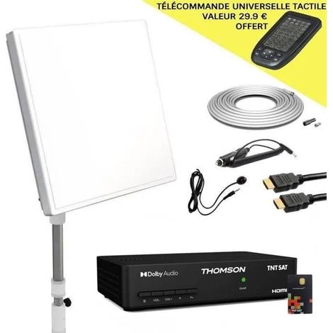 SELFSAT KIT PARABOLE PLATE AVEC LNB SINGLE 1 SORTIE INTEGRE + RECEPTEUR TNTSAT + CABLE COAXIAL 10M + TELECOMMANDE