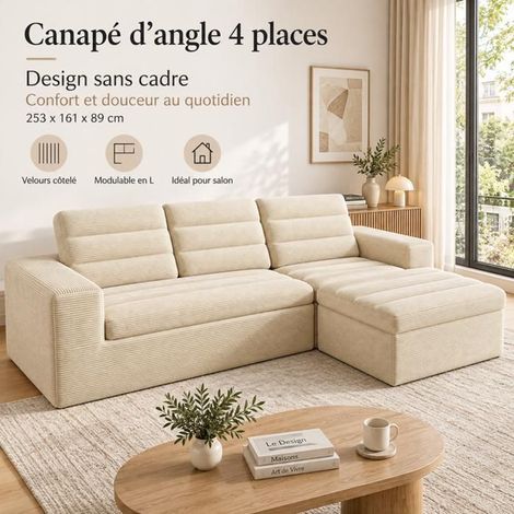 Canapé d'angle 253x161x89cm velours côtelé beige - Canapé Modulable - 4 places, sans montage, mousse haute densité, confort nuage (1/5)