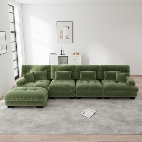 Canapé modulable 4 places vert en chenille avec ottomans mobiles (1/5)
