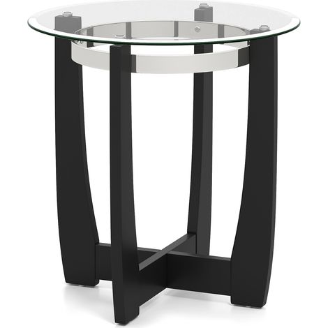 COSTWAY Glass End Table 61cm Round Side Table with Tempered Glass Top-Black (1/5)
