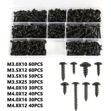 Vis à tôle noire auto-fonctionnelle 340 pièces, vis en acier au carbone auto-inoxydable, vis à tête plate, tête cruciforme pour bois, taille: M3.0-m4.8