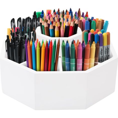 Youyijia Spinning Desk Organizer Bamboo Rotating Art Supply Organizer 360° with 8 Compartments, Holds 300+ Pencils Pens Markers Brushes Storage for Office (White) (1/5)