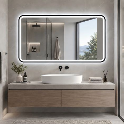 Miroir de Salle de Bain LED 60x100 cm Cadre Aluminium Noir Antibuée Dimmable Éclairage Avant et Arrière Montage Mural (1/5)