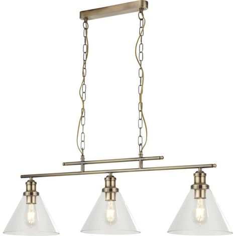 Suspension 3 flammes Pyramid laiton antique, abat-jour en verre transparent plaqué clair (1/3)