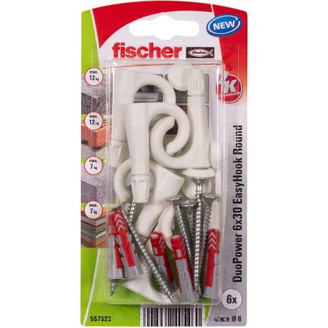 Fischer EasyHook Round 6, set da 6 Ganci Tondi e 6 Tasselli DuoPower 6 x 30 mm, Montaggio Facile e Veloce Senza uso di Pinze su Muro, Cartongesso, Mattoni Forati, Cemento, Legno, Soffitto, 557923 (1/5)