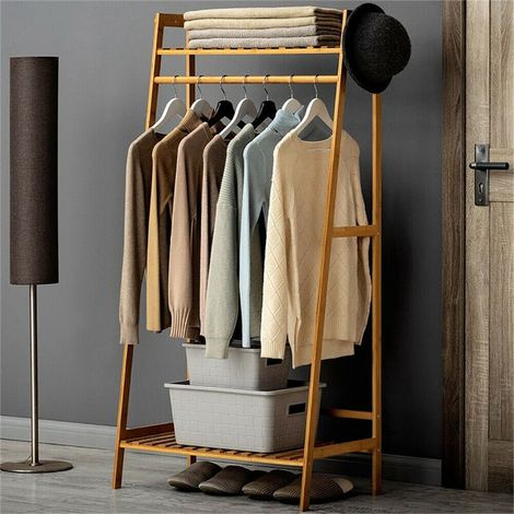 Bamboo Clothes Rail Rack Garment Stand with Top Shelf Shoe Storage Ladder Rails, Natural Wood