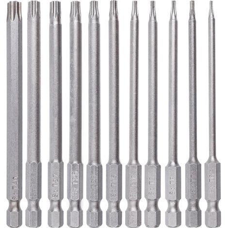 11 pièces 100 mm embouts Torx de sécurité, queue hexagonale 1/4 pouce en acier S2 magnétique, jeu d'embouts étoile inviolables, T5-T40, TS/PT-02 (1/5)