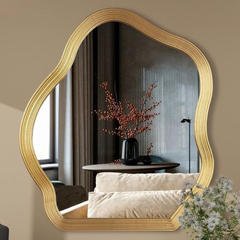 Miroir mural en or antique, miroir décoratif asymétrique pour la décoration murale, salon, miroir abstrait nuages et vagues, 80 x 70 cm (1/5)