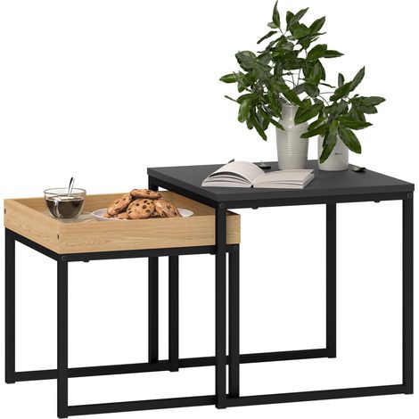 Ensemble de 2 tables d'appoint gigognes à utiliser ensemble comme table basse ou séparément, coloris noir et chêne