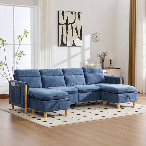 Divano modulare a U 4 posti con 2 pouf contenitore in ciniglia blu e gambe in legno OKWISH (1/5)