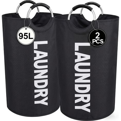 Deux paniers à linge pliables de 95 litres, en tissu Oxford imperméable avec poignées en métal, adaptés aux chambres et salles de bains. (1/5)