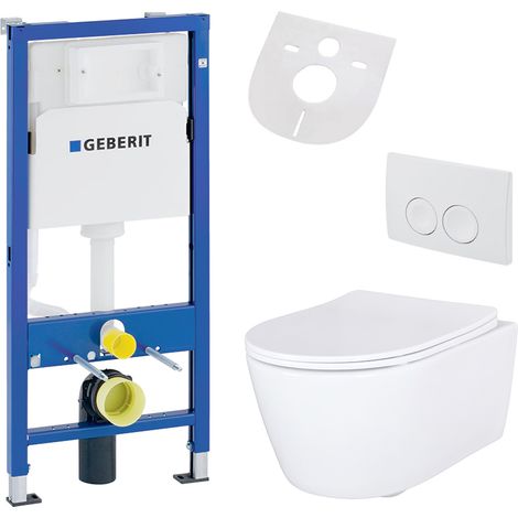 Belvit Hänge WC Set spülrandlos mit Softclose WC Sitz und Geberit UP100 Vorwandelement aus Keramik für Wandmontage