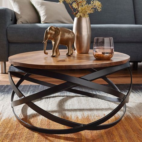 Table basse ronde 60x60 cm en sheesham massif et métal – Plateau épais – Piètement en métal décoratif – Style contemporain