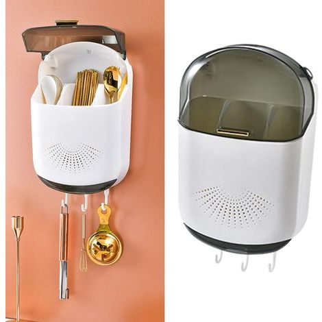 Porte-baguettes mural avec bac d'égouttage, boîte de rangement pour ustensiles de grande capacité à 3 compartiments avec couvercle (blanc) (1/5)
