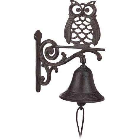 Relaxdays Cast Iron Door Bell Owl, Antique, Country House Style, Bird, Weatherproof Garden Decoration, Dark Brown