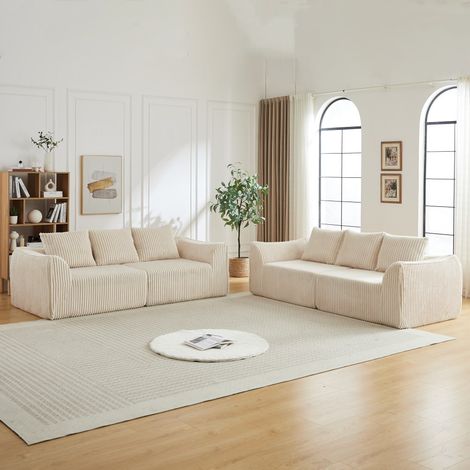 Sofá recto de 6 plazas - Sofá modular de pana de estilo minimalista para salón, sin montar, con 6 cojines - Beige (1/5)