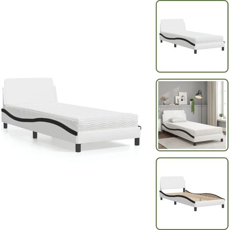 Lit avec matelas blanc et noir 90x200 cm similicuir - Lit Double - Lit Plateforme - Lit Design - Literie - Sommier Tapissier (1/5)
