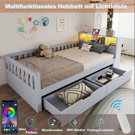 Lit simple gris en bois massif 90x200 cm, avec rangements intégrés (tiroirs, étagères, casiers), prise électrique, éclairage LED et barrière de protection, lit évolutif multifonctionnel (1/5)