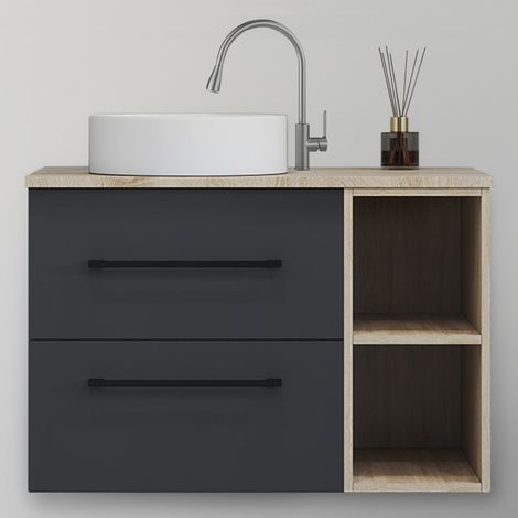 AICA Ensemble de meubles de salle de bain Suspendu 80cm avec Vasque, 2 Tiroirs + Rangements Ouverts + Vasque céramique, Chêne + Anthracite