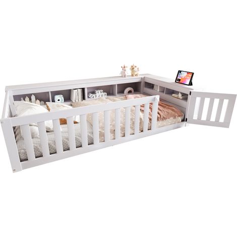 Cama infantil de madera maciza blanca 90x200 cm con almacenaje integrado, puerta y somier de láminas (1/5)