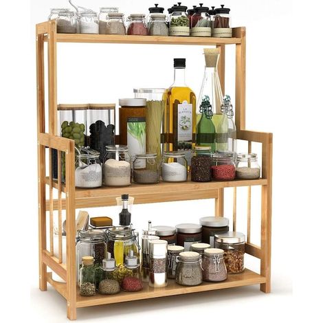 Étagère à épices en bois massif, 3 niveaux, dimensions 41x18x50 cm, meuble de rangement compact pour cuisine, support mural ou posable, finition naturelle, lot de 1.