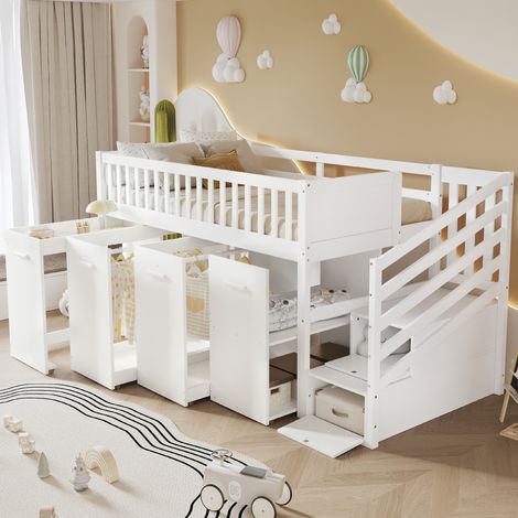 Cama infantil de 90x200cm con escritorio, armario, casilleros, estructura de madera con barandilla, blanco (1/5)
