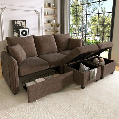 Divano angolare modulare 3 posti con pouf 52x52 cm marrone antico in ciniglia con contenitore e funzione letto (1/5)