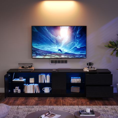Meuble TV 160x40x52 cm, buffet laqué brillant avec éclairage LED, support pour téléviseur 65 pouces, console basse pour salon ou chambre, finition noire élégante (1/5)