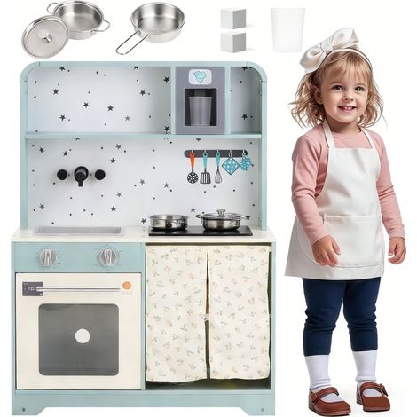 Cucina giocattolo per bambini, con fabbricatore di ghiaccio e forno a microonde, accessori ed effetti a sorpresa, un regalo perfetto per bambini dai 3 anni in su, legno + plastica, blu, 29x60x81 cm (1/5)