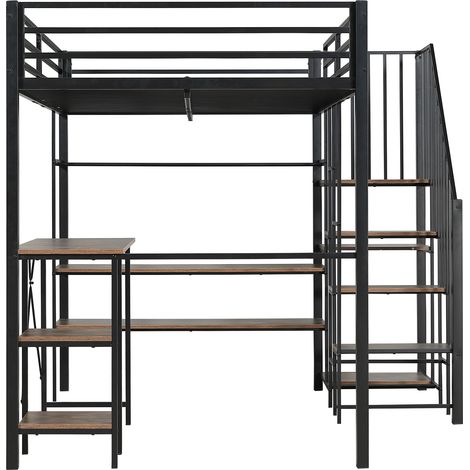 Lit mezzanine en métal noir 120 x 200 cm avec bureau, étagères et dressing ouvert MODENUIT (1/5)