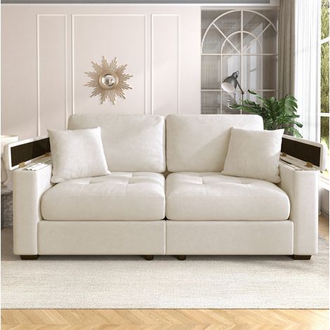Canapé 2 places beige 180 cm en chenille avec rangement, 2 coussins et mousse (1/5)