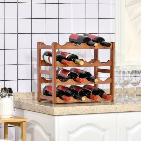 Portabottiglie a 4 ripiani in bambù HOMCOM per 16 bottiglie di vino, portata massima 75 kg, dimensioni 43x23,5x38 cm, colore marrone.