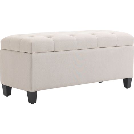 Banc de rangement capitonné aspect lin, coffre avec pieds en bois, banquette de rangement pour salon chambre entrée, 100x40x44 cm, blanc crème (1/5)