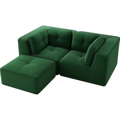Divano Modulare Angolare 2 Posti con Moduli Riconfigurabili, Seduta Bassa, Braccioli Larghi, Tessuto a Coste, Verde (1/5)