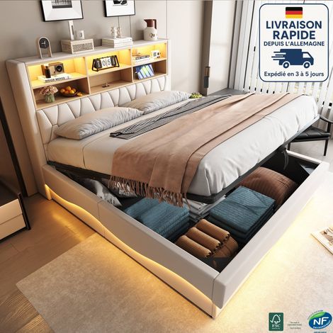 MODFU - Cama abatible de 180×200 cm con LED, cama infantil, cabecero con canapé, puerto USB, somier tapizado, sin colchón, lino, beige (1/5)