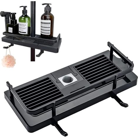 Estante de ducha sin taladro, estante de ducha para poste con soporte para cabezal de ducha, estante de almacenamiento de baño para champú, jabón y 2 ganchos para barra de ducha de 21 mm a 25 mm