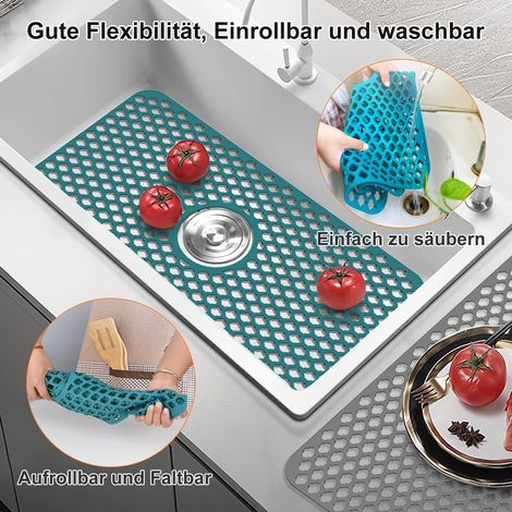 Tappetino in silicone per lavello, rivestimento per lavello, 63,6 cm x 33,2 cm, protezione pieghevole per lavello, resistente al calore e antiscivolo, protezione per vassoio raccogligocce da cucina. (1/4)