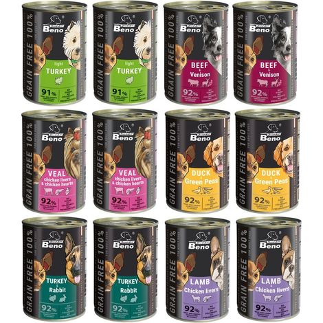 Beno Alimento umido per cani senza cereali, confezione da 12 lattine da 415 g, 92% carne.