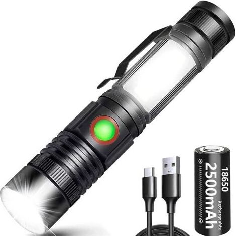 Taschenlampe, 2000 Lumen LED, USB-wiederaufladbar, leistungsstarke COB-Taschenlampe, tragbare Zoom-Taschenlampe für Auto, Garage, Werkstatt, Camping, Heimwerkerarbeiten (wiederaufladbarer Akku und Mag (1/4)